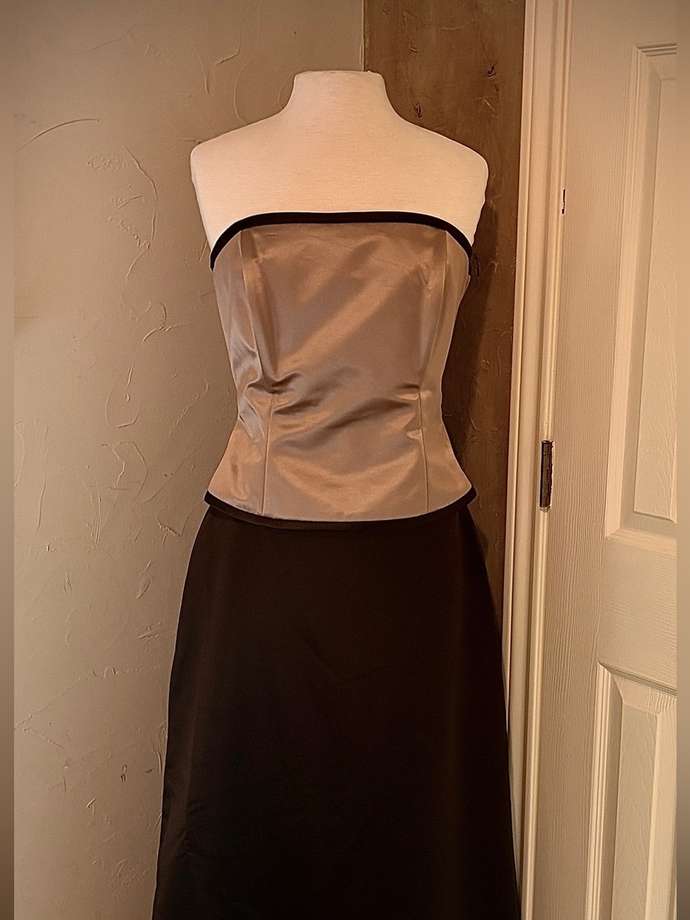 Strapless Satin Bustier in Kahlua Cream with Chocolate Brown Full Length Skirt.